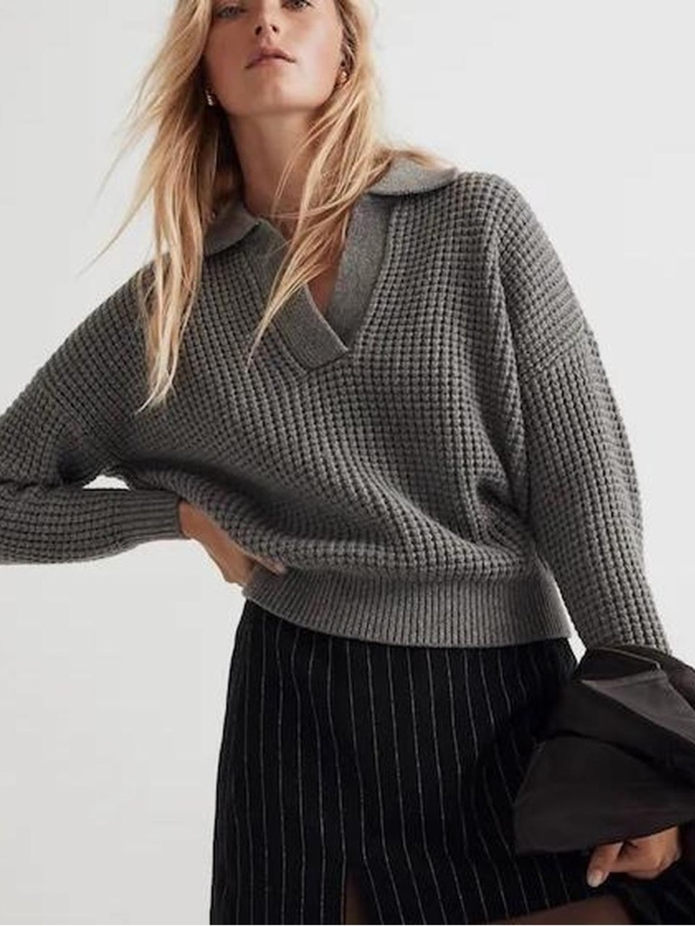 Gray Collared Waffle-Knit Women's Sweater